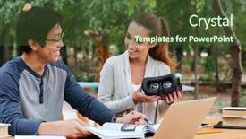  Presentation with virtual learning - Cool new presentation theme with cheerful young couple learning backdrop and a tawny brown colored foreground