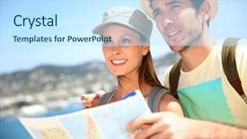  Presentation with city map - Cool new presentation theme with cheerful young couple of travelers reading city map backdrop and a sky blue colored foreground