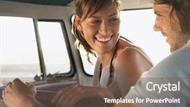  Presentation with campervan - Cool new PPT theme with cheerful young couple sitting in campervan backdrop and a violet colored foreground