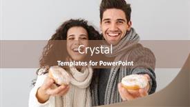  Presentation with donuts - Cool new theme with cheerful young couple wearing sweaters and scarfs standing isolated over gray background showing donuts backdrop and a violet colored foreground