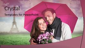  Presentation with eiffel tower - Cool new PPT layouts with cheerful young couple with flowers and umbrella against eiffel tower backdrop and a red colored foreground