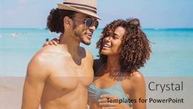  Presentation with ethnic - Theme having cheerful young ethnic man and woman standing and embracing on sandy beach at the ocean in sunny day background and a coral colored foreground