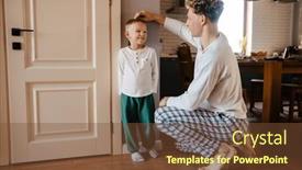  Presentation with height - Presentation theme enhanced with cheerful-young-father-measuring-height background and a tawny brown colored foreground
