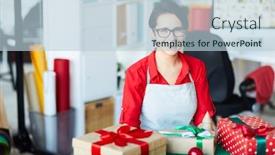  Presentation with gifts - Beautiful presentation featuring cheerful young female in red blouse and apron looking at you while sitting by table with gifts backdrop and a lemonade colored foreground