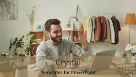  Presentation with chat - PPT theme having cheerful-young-friendly-man-waving background and a coral colored foreground