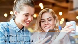  Presentation with cappuccino - PPT layouts with cheerful young friends with charming smiles watching funny video on smartphone and enjoying cappuccino while sitting at cozy coffeehouse background and a light blue colored foreground