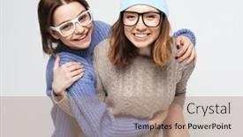  Presentation with friends - PPT layouts enhanced with cheerful-young-friends-women-iwearing background and a coral colored foreground