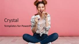  Presentation with cheerful - Amazing PPT theme having cheerful young girl eating chocolate backdrop and a coral colored foreground
