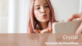  Presentation with kiss - PPT theme with cheerful-young-girl-taking background and a coral colored foreground