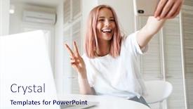  Presentation with cheerful - Slides consisting of cheerful-young-girl-using-laptop background and a sky blue colored foreground