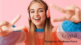  Presentation with wireless - Colorful presentation theme enhanced with cheerful young girl wearing sweater listening to music with wireless headphones standing isolated over pink background showing peace gesture backdrop and a red colored foreground