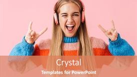  Presentation with music headphones - Cool new PPT theme with cheerful young girl wearing sweater listening to music with wireless headphones standing isolated over pink background showing horns up gesture backdrop and a coral colored foreground