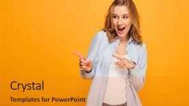  Presentation with cheerful - Cool new slide set with cheerful young girl with braces backdrop and a gold colored foreground