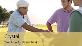  Presentation with golf course - Amazing PPT theme having cheerful young golfers shaking hands backdrop and a yellow colored foreground