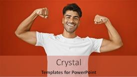  Presentation with positivity - PPT theme having cheerful-young-hispanic-man-flexes background and a red colored foreground