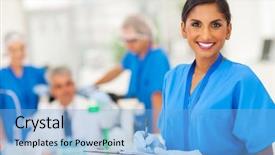  Presentation with report writing social mediaa - Audience pleasing theme consisting of cheerful young indian medical researcher backdrop and a light blue colored foreground