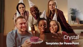  Presentation with intercultural - Slide deck featuring cheerful-young-intercultural-friends-congratulating background and a tawny brown colored foreground