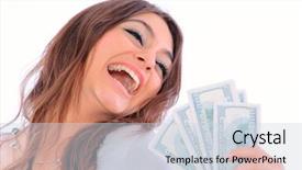  Presentation with cash - PPT theme having cheerful young lady holding cash and smiling background and a sky blue colored foreground
