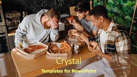  Presentation with pizza - Slides enhanced with cheerful-young-male-friends background and a red colored foreground