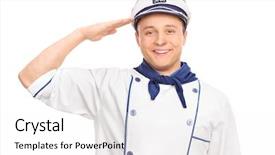  Presentation with cheerful - Colorful PPT theme enhanced with cheerful young male sailor saluting towards the camera and smiling isolated on white background backdrop and a white colored foreground