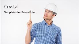  Presentation with building - Theme enhanced with cheerful young man building engeneer background and a white colored foreground