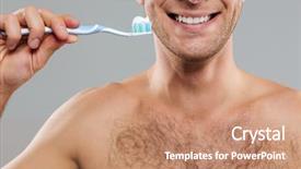  Presentation with toothpaste - Theme featuring cheerful young man cleaning teeth by toothbrush with toothpaste and smiling over grey background background and a coral colored foreground