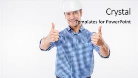  Presentation with building - Cool new PPT theme with cheerful young man engeneer backdrop and a white colored foreground