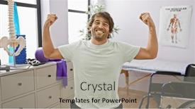  Presentation with flexing - Slide deck consisting of cheerful-young-man-flexing-muscles and a light gray colored foreground