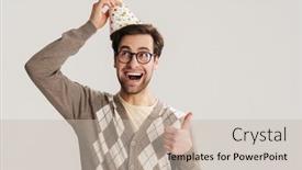  Presentation with geek - PPT theme featuring cheerful-young-man-geek-celebrating background and a soft green colored foreground