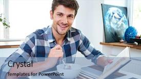  Presentation with reading table - Theme with cheerful young man in plaid shirt reading a book and having breakfast at the table background and a teal colored foreground