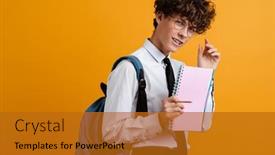  Presentation with taking notes - PPT theme consisting of cheerful-young-man-student-taking background and a gold colored foreground