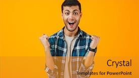  Presentation with cheerful - PPT theme having cheerful young man wearing plaid background and a gold colored foreground