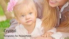  Presentation with green life - Presentation design having cheerful young mother playing with her adorable little daughter in the park lying down on fresh green grass field happy family life background and a lemonade colored foreground