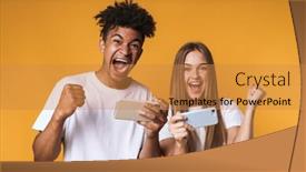 Presentation with mobile games - Presentation design featuring cheerful-young-multiethnic-couple-playing background and a gold colored foreground