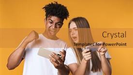  Presentation with mobile games - Cool new theme with cheerful-young-multiethnic-couple-playing backdrop and a gold colored foreground