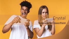  Presentation with mobile games - PPT layouts enhanced with cheerful-young-multiethnic-couple-playing background and a gold colored foreground