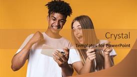  Presentation with mobile games - Beautiful slide set featuring cheerful-young-multiethnic-couple-playing backdrop and a gold colored foreground
