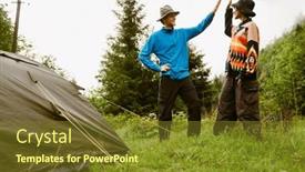  Presentation with tent - Slide deck with cheerful-young-multinational-couple-wearing background and a tawny brown colored foreground