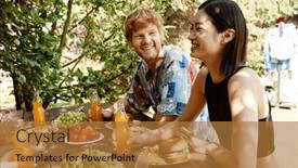  Presentation with dinner party - Theme with cheerful-young-multinational-friends background and a gold colored foreground
