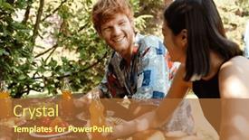  Presentation with dinner party - Presentation theme having cheerful-young-multinational-friends background and a red colored foreground