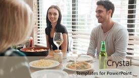  Presentation with people enjoying - Slide set enhanced with cheerful-young-people-enjoying-meal background and a coral colored foreground