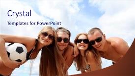  Presentation with beach volleyball - PPT theme enhanced with cheerful young people playing volleyball background and a sky blue colored foreground