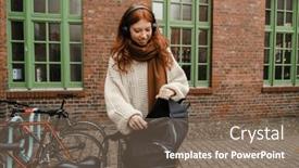  Presentation with headphones - Slides consisting of cheerful-young-red-haired-girl background and a violet colored foreground