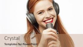  Presentation with cheerful - Presentation theme enhanced with cheerful-young-red-haired-woman background and a coral colored foreground