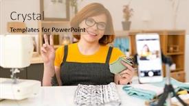  Presentation with shooting - Presentation design featuring cheerful-young-seamstress-in-eyeglasses background and a coral colored foreground