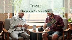  Presentation with online travel - Slide set with cheerful-young-tourists-sitting-against background and a sky blue colored foreground