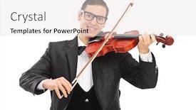  Presentation with acoustic - Colorful slide set enhanced with cheerful young violinist playing an acoustic violin isolated on white background backdrop and a light gray colored foreground