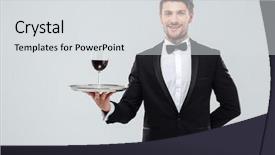  Presentation with catering waiter food event service - PPT layouts with cheerful young waiter in tuxedo standing and holding glass of red wine on tray background and a light gray colored foreground