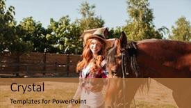 Presentation with cowgirl - PPT theme with cheerful young woman cowgirl holding and walking wit her horse on ranch background and a red colored foreground