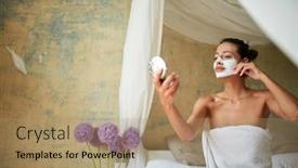  Presentation with face mask - Cool new theme with cheerful-young-woman-facial-mask backdrop and a coral colored foreground